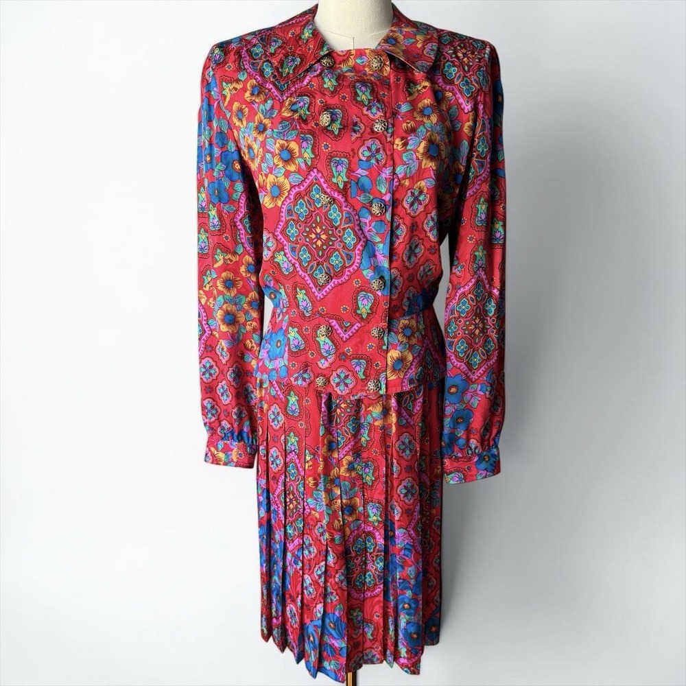 Anne Crimmins UMI Vintage Silk Skirt Set Red Floral Medallion Boho 12